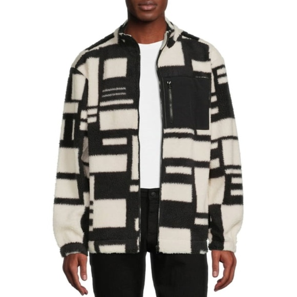 Men's Faux Sherpa fleece Sherling Trucker Jacket geometric streetwear Y2K 2XL - Picture 1 of 16